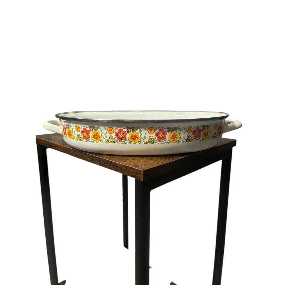 Vintage 1970s Retro Floral Enamel Oval Roaster Baking Pan‎ / Casserole Dish